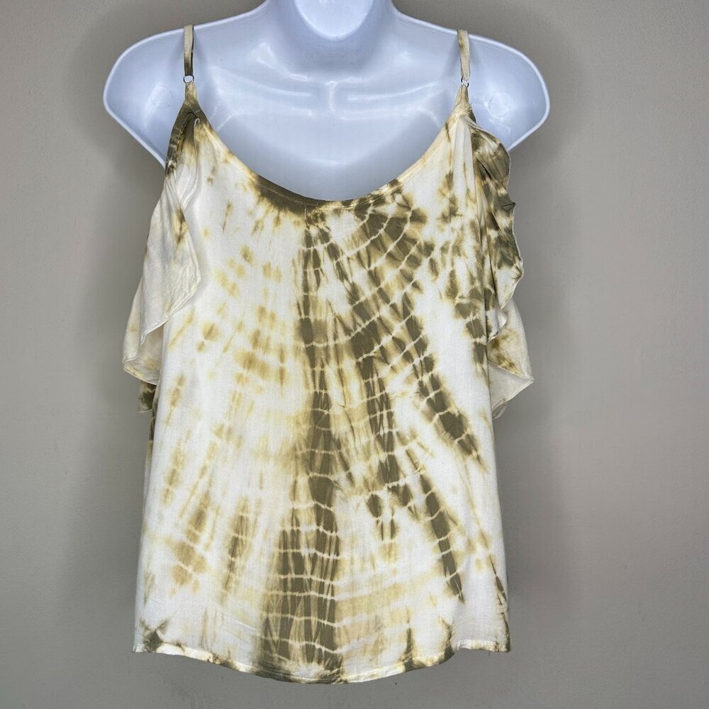 Tiare Hawaii Fluttery Cold Shoulder Ruffle Sleeves Top Size Medium Green/Cream - Picture 4 of 8